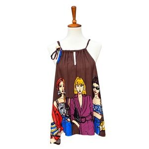 Brown Sleeveless Cartoon Graphic Print of Stylish Women Artsy Halter Top
